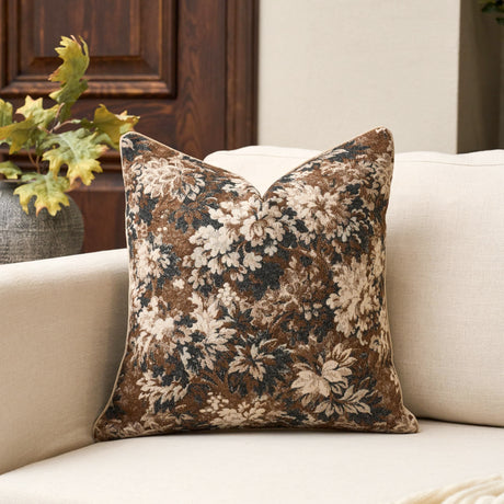 Yangest Neutral Floral Pillow Cover 18 x18 Inches, Vintage Chenille Square Throw Pillow Cover Soft Decorative Farmhouse Accent Couch Pillow Cover for Living Room Bedroom, Coffee Brown Yangest