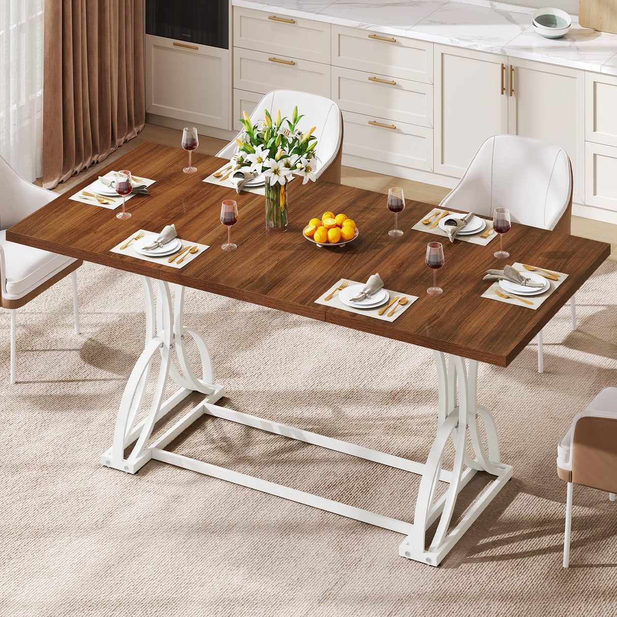 DWVO 70.3" Large Modern Dining Table for 6-8 People, Rectangular Walnut Kitchen Dining Room Table with Thick Tabletop and White Geometric Metal Legs, Farmhouse Wood Dinner Tables DWVO