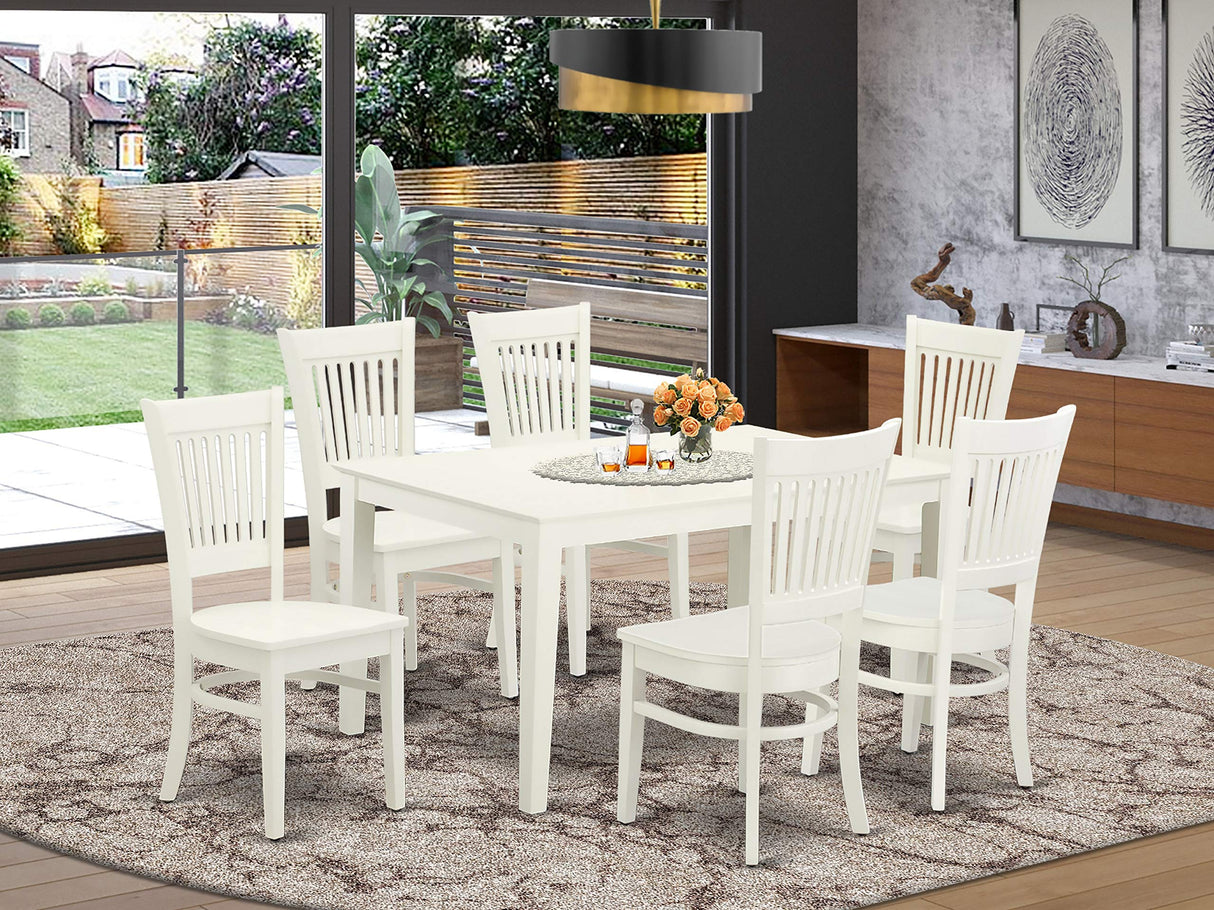 East West Furniture Capri 7 Piece Set Consist of a Rectangle Dining Room Table and 6 Wood Seat Chairs, 36x60 Inch, Linen White East West Furniture
