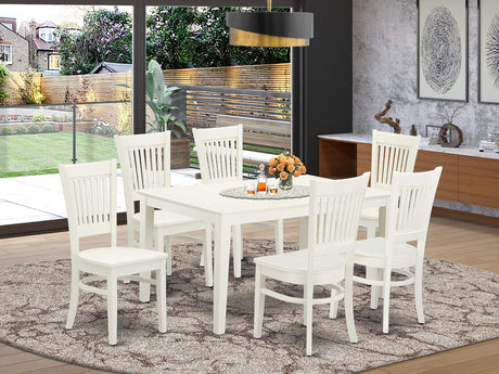 East West Furniture Capri 7 Piece Set Consist of a Rectangle Dining Room Table and 6 Wood Seat Chairs, 36x60 Inch, Linen White East West Furniture