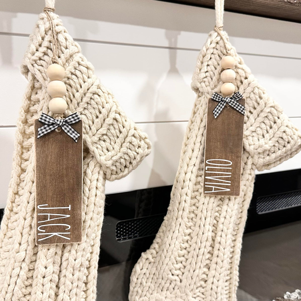 Wood Stocking Name Tags, Personalized Stocking Tags, Farmhouse Christmas Stocking Tag, White and Black Buffalo Check Appalachian Artisans