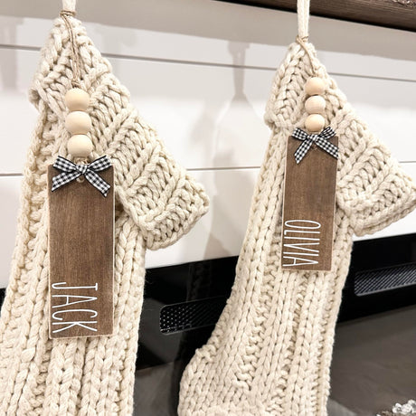Wood Stocking Name Tags, Personalized Stocking Tags, Farmhouse Christmas Stocking Tag, White and Black Buffalo Check Appalachian Artisans