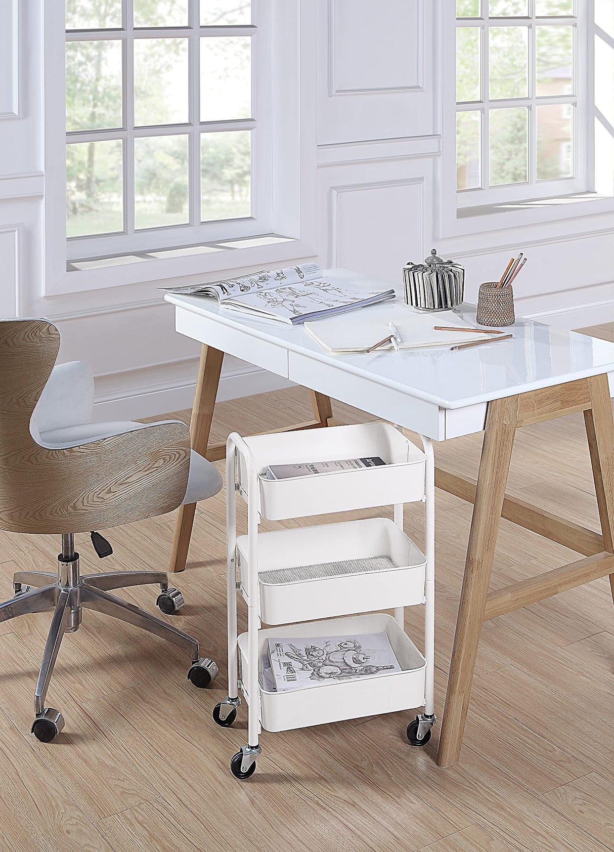 SunnyPoint 3-Tier Delicate Compact Rolling Metal Storage Organizer - Mobile Utility Cart Kitchen/Under Desk Cart with Caster Wheels (WHT, Compact (15.5" X 26.8" X 10.27")) SunnyPoint