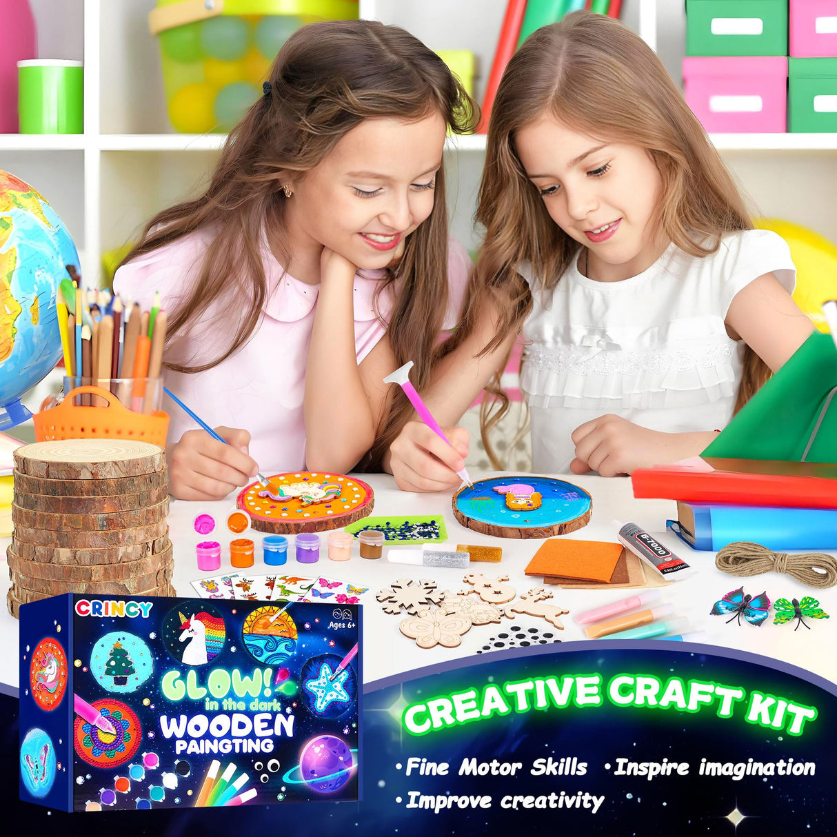 Crincy Kids Wooden Painting Kit, Glow in The Dark Paint Kit, Arts and Crafts Birthday Party Gifts for Kids Ages 8-12, Creative Art & Craft Activity Kits Toys for Boys Girls 6 7 8 9 10 12 Year Old Crincy