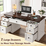 EnHomee 55" Computer Desk with 7 Drawers Farmhouse Computer Desk with Charging Station Home Office Desk for Study, Bedroom, Living Room, Office Desk,Desk,Brown+White,Dark Rustic Oak EnHomee