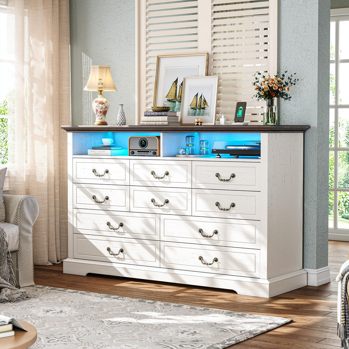 Romorgniz 10 Drawer White Dresser for Bedroom, Large Farmhouse Dresser with LED Lights & Charging Station for Bedroom Romorgniz