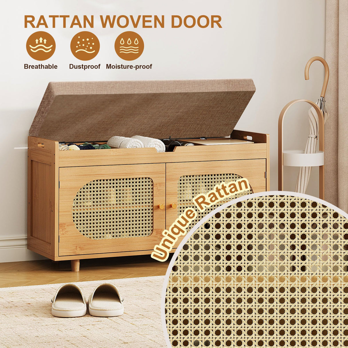 PETKABOO Rattan Shoe Storage Bench,Bamboo Entryway Bench, 2-Tier Shoe Rack,35.4" W x 12.6" D x 19.7" H with 2 Doors & Padded Seat Cushion for Entryway, Living Room, Bedroom, Natural PETKABOO