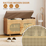 PETKABOO Rattan Shoe Storage Bench,Bamboo Entryway Bench, 2-Tier Shoe Rack,35.4" W x 12.6" D x 19.7" H with 2 Doors & Padded Seat Cushion for Entryway, Living Room, Bedroom, Natural PETKABOO