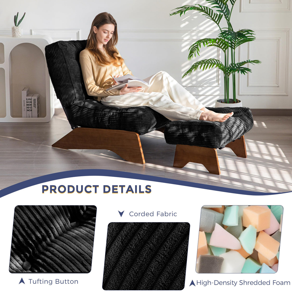 MAXYOYO Accent Chair with Ottoman Adjustable Backrest, Tufted Living Room Chair Upholstered Lounge Chair with Footrest Set, Modern Chair Cozy Reclining for Reading Room, Black MAXYOYO