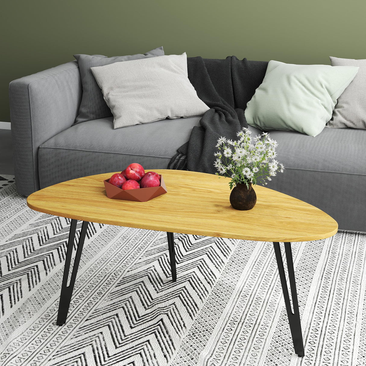Manora Modern Mid Century Coffee Table, Oval Triangle Wood Center Table with Sturdy Metal Legs, Stylish Living Room Accent Table for Small Spaces Manora