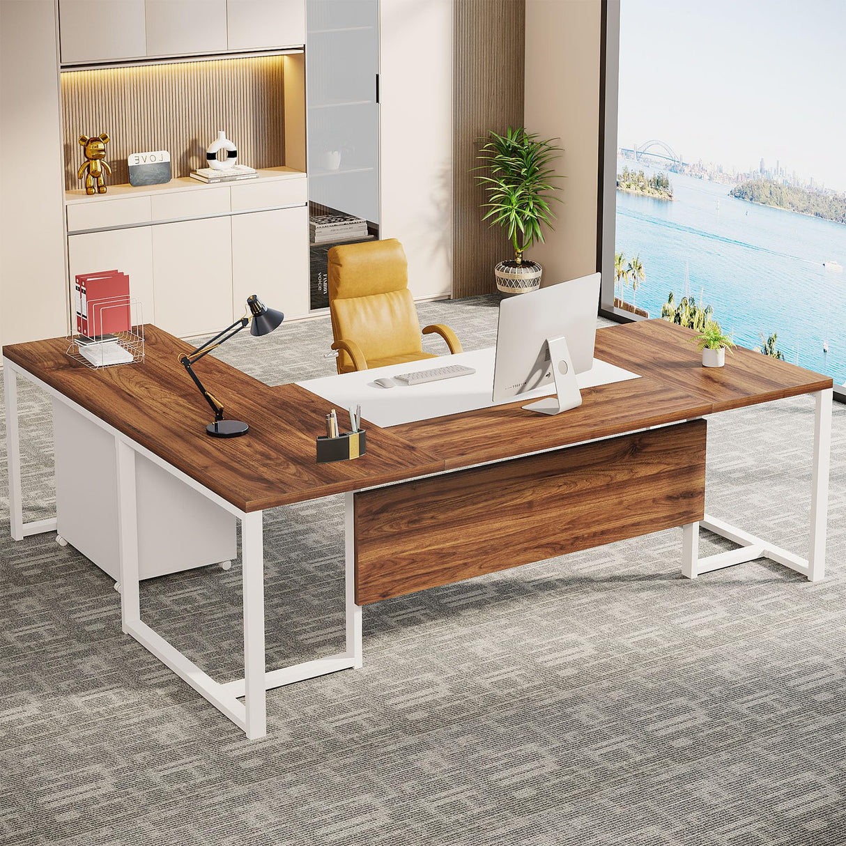 Tribesigns 70.8-Inch Executive Desk with Mobile File Cabinet, Large L Shaped Computer Desk with Storage Cabinet, L-Shaped Desk with Drawer Cabinet for Home Office, Walnut & White Tribesigns