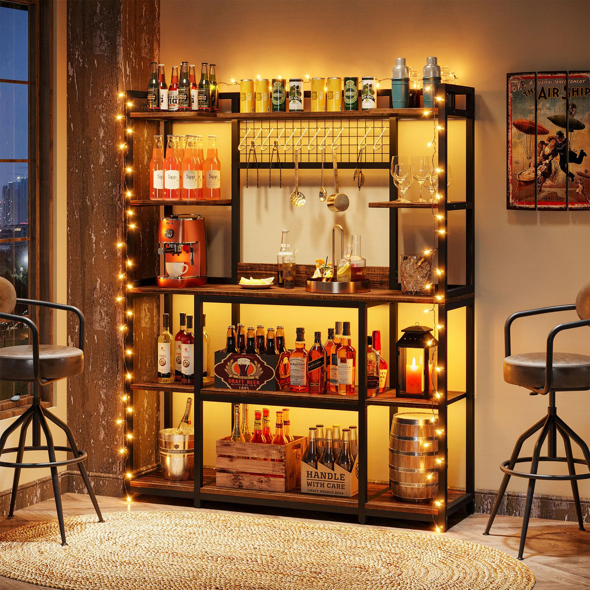 Tribesigns Large Bakers Rack, 55" Wide Kitchen Hutch Cabinet Microwave Stand with 11 Hooks, 5-Tier Baker’s Rack Kitchen Storage Shelf Rack with Hutch, Rustic Brown Tribesigns