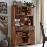 OKD 72" Farmhosue Bar Cabinet with Sliding Barn Door, Large Kitchen Buffet with Hutch w/Wine & Glasses Rack, 3 Drawers, 12 Storage Shelves, Rustic Coffee Bar Sideboard Table, Reclaimed Barnwood OKD