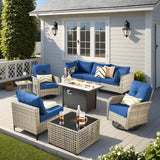 OOBOLT Outdoor Patio Furniture Sets,9 PCS Patio Conversation Set Outside Rattan Sectional Sofa with 42 in Fire Pit Table Wicker Rocking Chair Coffee Table Fit Backyard Porch Garden Poolside Balcony OOBOLT