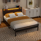 BOFENG Full Size Metal Bed Frame with Storage Headboard, LED Lights, and Charging Station BOFENG