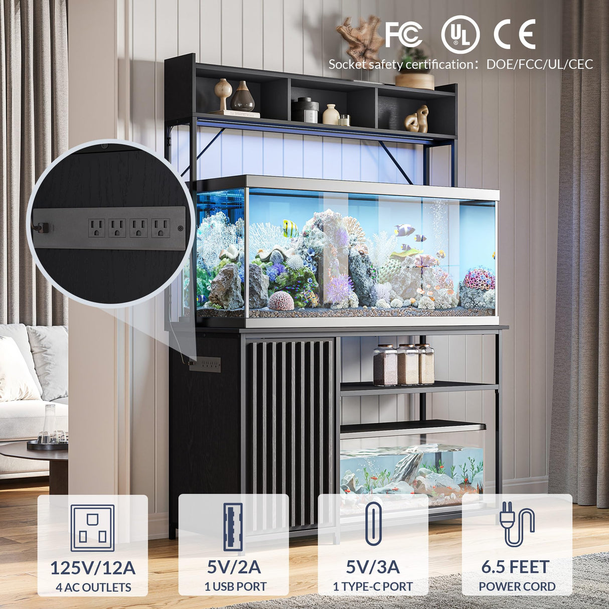 BELLEZE 55-90 Gallon Aquarium Stand with LED Lights, Fluted Cabinet For Fish Tank Accessories Storage, Heavy Duty Metal & Power Outlets, 1200 LBS Capacity, Turtle Tank Reptile Terrarium, Black Ebony BELLEZE