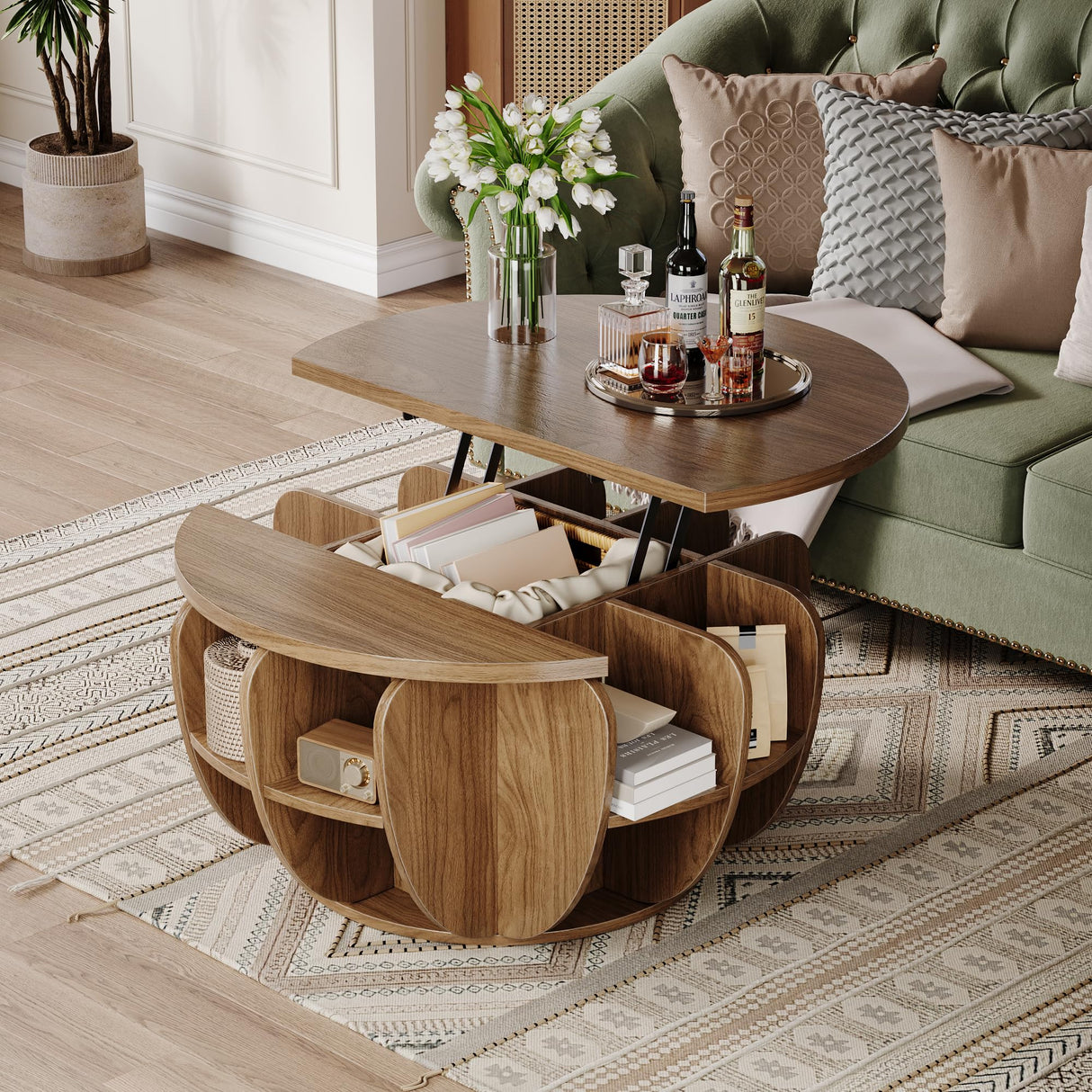 32.7" Lift Top Coffee Table with Storage, Wood Round Center Table with Hidden Storage Compartment & Shelves, Mid Century Modern Coffee Tables for Living Room Rustic Accent Small Center Table TOKSOM