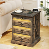 FREDEES Farmhouse Night Stand with Gun Drawer, Bedside Table with Charging Station, LED Nightstand with Human Sensor Light, Smart End Table for Bedroom Living Room, Rustic FREDEES