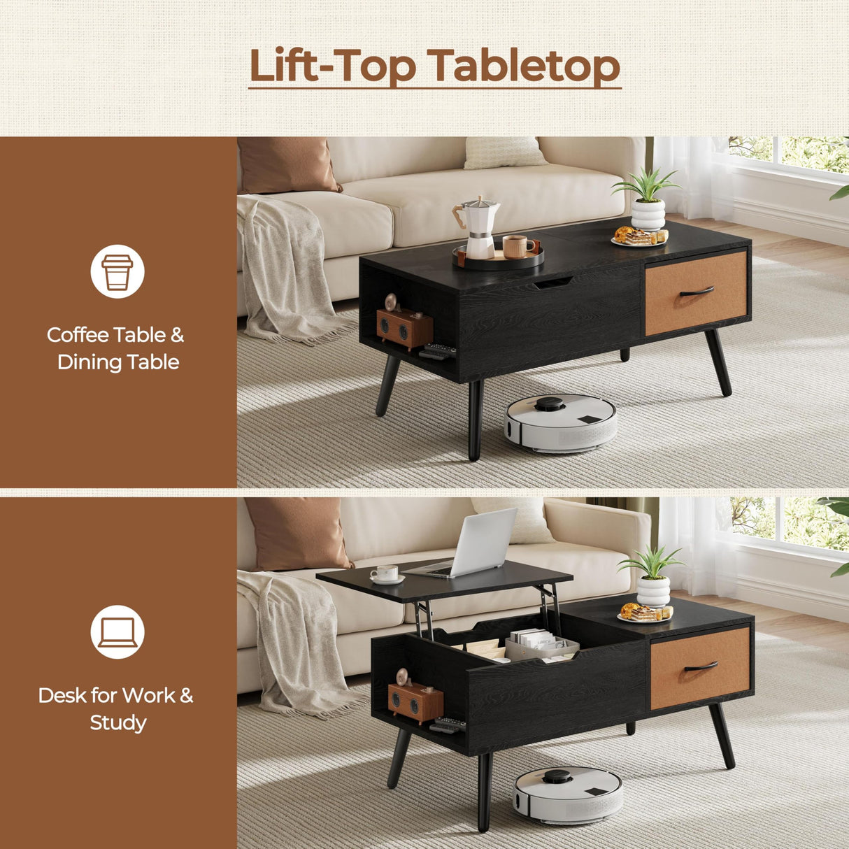 Yaheetech Lift Top Coffee Table for Living Room, Wooden Small Center Tables with Large Storage Shelf Drawer and Hidden Compartment Modern, Black Yaheetech