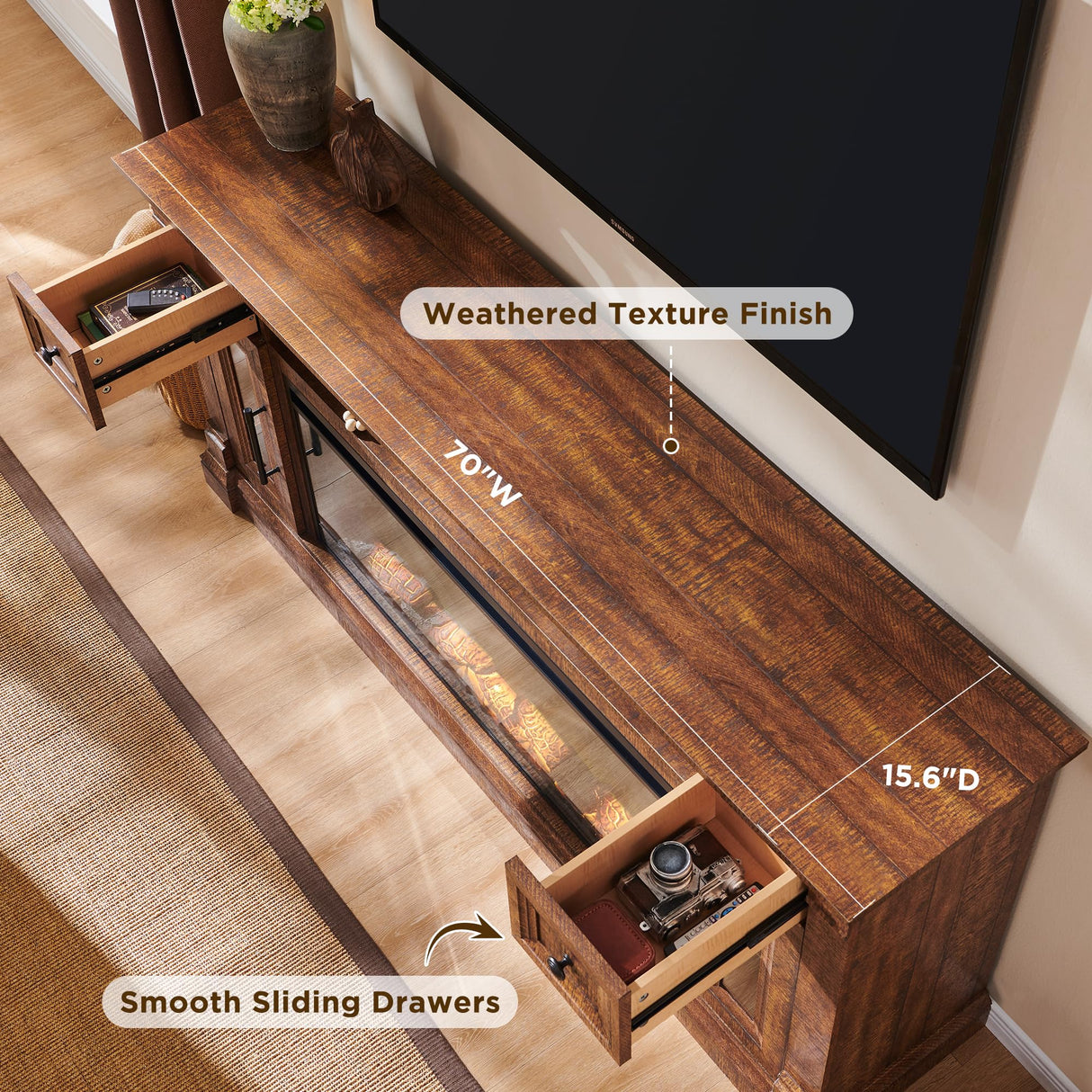 OKD Farmhouse Fireplace TV Stand for 80 Inch TV, Entertainment Center with 42" Fireplace & LED Lights, Modern Media Console Table with Storage Drawers & Cabinets, Reclaimed Barnwood Color OKD