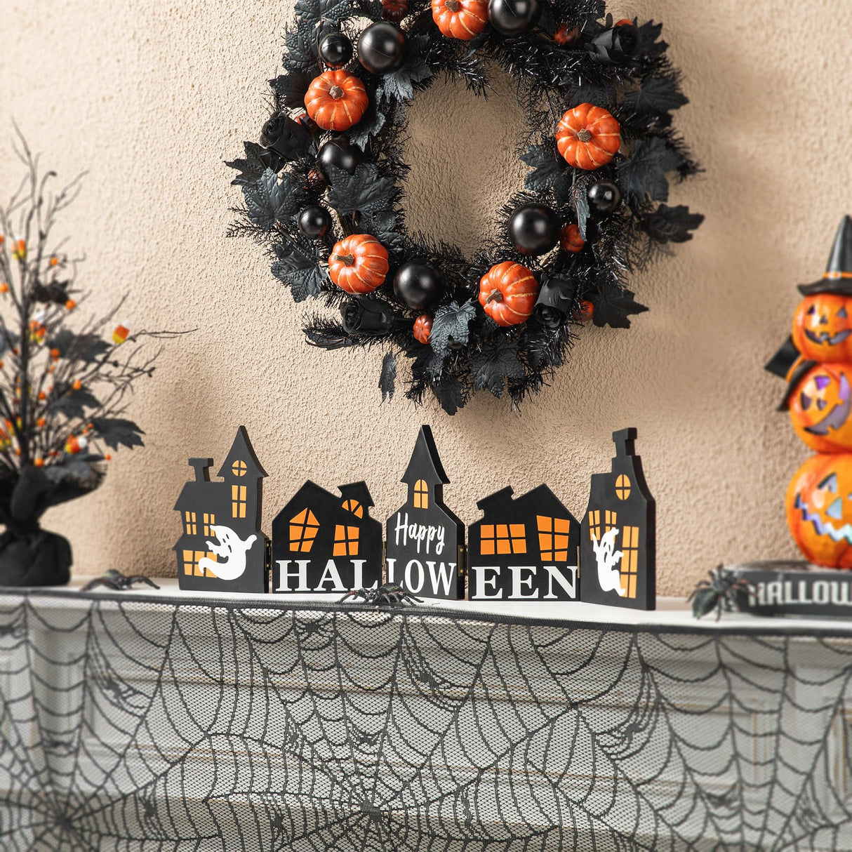 Glitzhome 25"L Halloween Wooden Table Signs Plaques Hinged Haunted House Tabletop Decor with"Happy Halloween" Sayings Farmhouse Halloween Wood Block Sign Decorations Ghost Day for Home Office Glitzhome