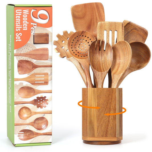 Utensil Cooking Spoon Set with Holder : KINGSOW 9 Pcs Wooden Spoons for Kitchen Nonstick Cookware - WoodArtSupply