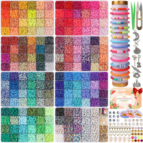 XSEINO 33000Pcs Clay Beads Bracelet Making Kit - 180Colors 8Boxes Polymer Clay Beads and 2 Styles Letter Beads，with Rich Jewelry Making Accessories and 3 Rolls Crystal Cord, for Crafts Christmas Gifts XSEINO