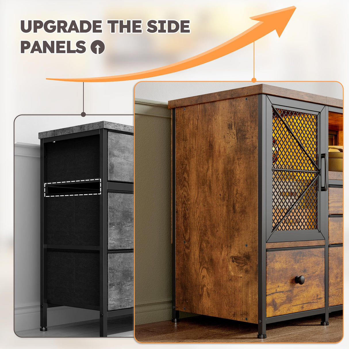 EnHomee Dresser for Bedroom with Power Outlets & LED Lights,49.2" W Bedroom Dresser for 60" TV Stand,Mesh Door,8 Drawers & 2 Large Cabinet,Chests of Drawers for Bedroom,Closet,Entryway,Rustic Brown EnHomee