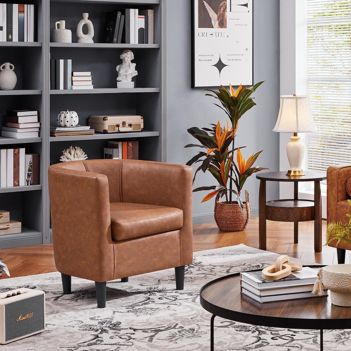 Yaheetech Accent Chair, PU Leather, Modern and Comfortable Armchairs, Upholstered Barrel Sofa Chair for Living Room Bedroom Waiting Room, Brown Yaheetech