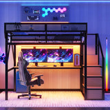 Queen Loft Bed with Desk and RGB Light, Metal Loft Bed Frame with Stairs and Bedside Shelf, Heavy-Duty Lofts Beds with Storage Shelves and Wardrobe for Kids Teens, Black Mirightone