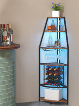 Suuiwau 6-Tier Corner Wine Rack with LED Lights, Floor Standing Wine Storage with Glass Holder, Industrial Metal and Wooden Shelf for Kitchen, Living Room, Dining Room, Home Bar Furniture Suuiwau