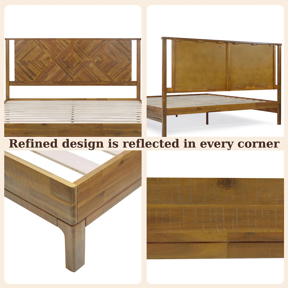 Ethan King Platform Bed Frame with Headboard - Stylish Acacia Wood in Rustic Dark Brown Finish Bme