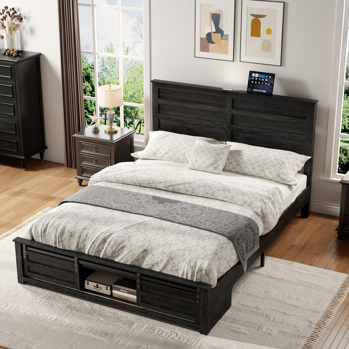 madeslves Wooden Bed Frame Queen Size with Headboard & Sliding Barn Door Storage Footboard, Farmhouse Platform Bedframe with Charging Station & Lights, No Box Spring Needed, Black madeslves