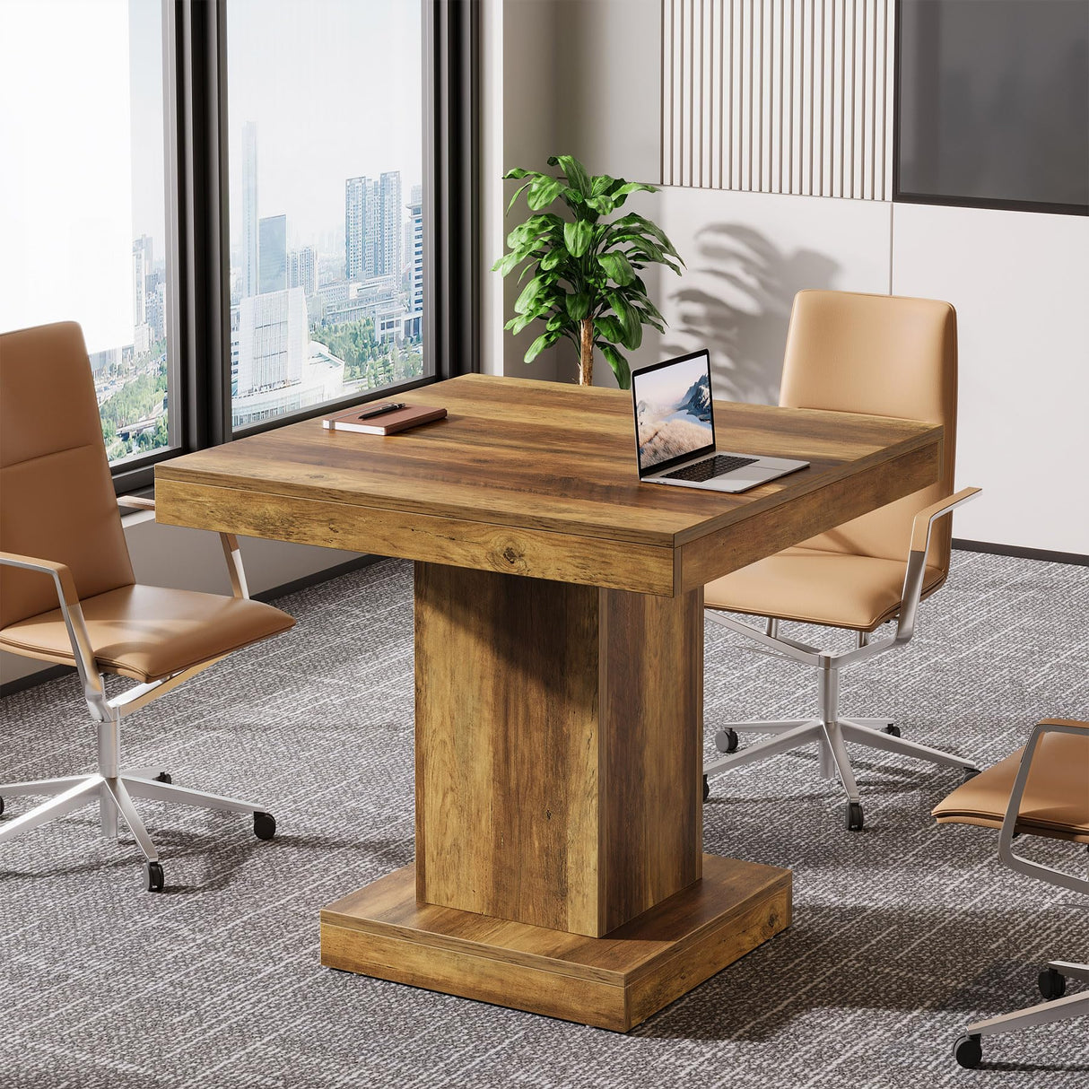 Tribesigns Square Conference Table for 4, 31.5-Inch Small Meeting Table with Heavy Duty Pedestal Base, Mid Century Modern Seminar Boardroom Table for Office Conference Room (Rustic Brown) Tribesigns