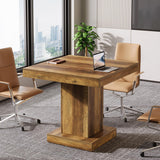 Tribesigns Square Conference Table for 4, 31.5-Inch Small Meeting Table with Heavy Duty Pedestal Base, Mid Century Modern Seminar Boardroom Table for Office Conference Room (Rustic Brown) Tribesigns