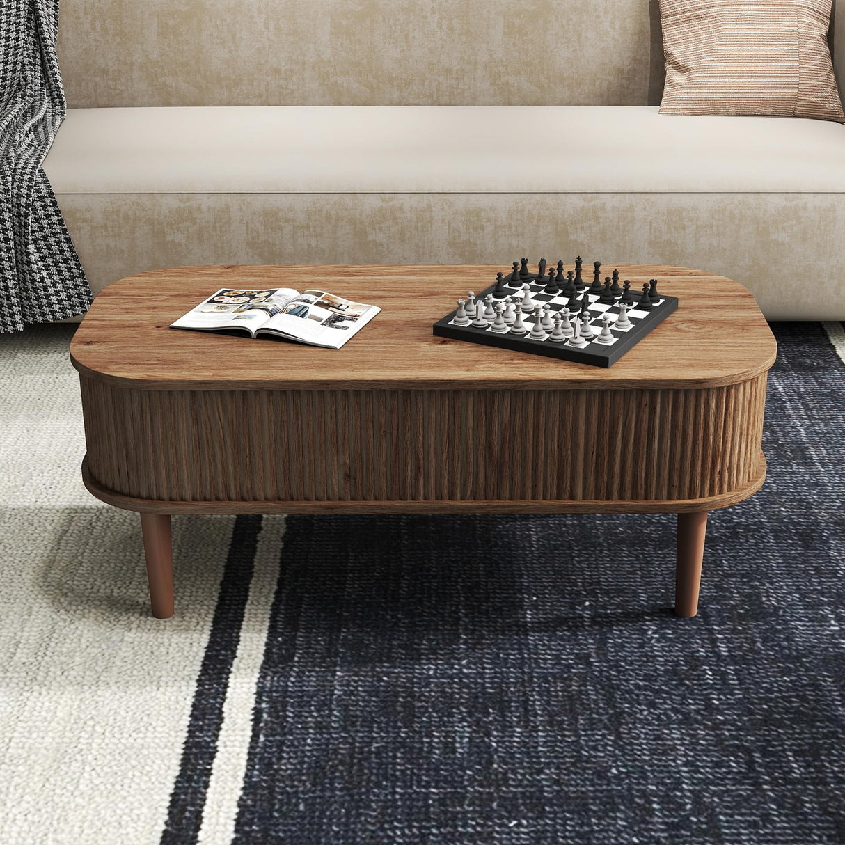 Fluted Lift Top Coffee Table with Hidden Storage, Oval Coffee Table with Lifting Top, Mid Century Modern Design for Living Room, Office & Small Spaces(Walnut) Cuzobro