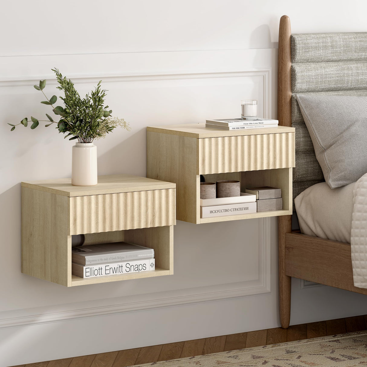 EYYTHUNG Floating Nightstand Set of 2 with Drawer, Fluted Modern Night Stand with Fluted Door and Open Storage Shelf Wall Mounted Bedside Table for Bedroom, Entryway Light Oak EYYTHUNG
