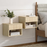 EYYTHUNG Floating Nightstand Set of 2 with Drawer, Fluted Modern Night Stand with Fluted Door and Open Storage Shelf Wall Mounted Bedside Table for Bedroom, Entryway Light Oak EYYTHUNG