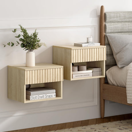 EYYTHUNG Floating Nightstand Set of 2 with Drawer, Fluted Modern Night Stand with Fluted Door and Open Storage Shelf Wall Mounted Bedside Table for Bedroom, Entryway Light Oak EYYTHUNG