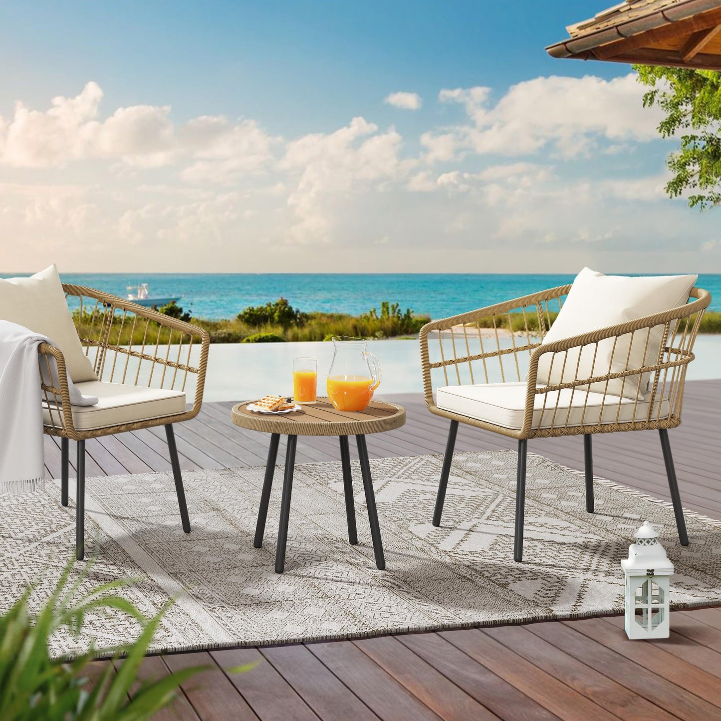 YITAHOME 3 Pieces Outdoor Wicker Patio Conversation Bistro Set, All-Weather Rattan Patio Furniture Set with Table & Cushions, Outdoor Sectional Sofa for Patio, Balcony, Backyard, Deck