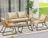 YITAHOME 4-Piece Patio Furniture Wicker Outdoor Bistro Set, All Weather Rattan Loveseat Conversation Sets with Soft Cushions and Glass Side Table for Backyard, Balcony and Deck, Light Brown+Beige YITAHOME