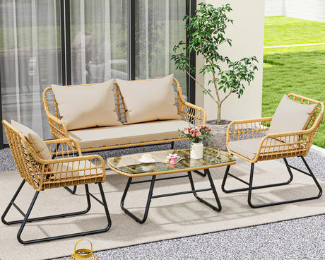 YITAHOME 4-Piece Patio Furniture Wicker Outdoor Bistro Set, All Weather Rattan Loveseat Conversation Sets with Soft Cushions and Glass Side Table for Backyard, Balcony and Deck, Light Brown+Beige YITAHOME
