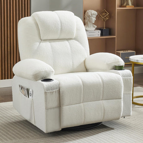 Weture Swivel Rocker Recliner Chair with Heat and Massage, 360 Degree Swivel Recliner Chair with Cup Holders and USB Port, Big Oversized Rocking Single Sofa for Living Room (Teddy, White) Weture