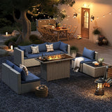 UDPATIO Patio Furniture Set with Fire Pit Table, 8 Pieces Outdoor Sectional Sofa, PE Wicker Patio Conversation Set for Garden, Backyard Blue UDPATIO