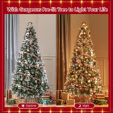 Yaheetech 6ft Pre-lit Frosted Artificial Hinged Christmas Tree with 818 Flocked PVC Tips,62 Pine Cones,62 Holly Berries & 250 Warm White Lights,Foldable Stand,Green Yaheetech