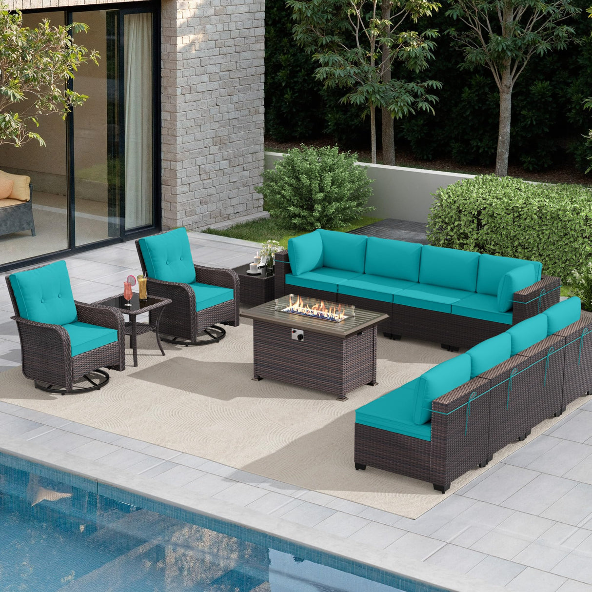 Gotland 13 Pieces Outdoor Patio Furniture Set with 2 Swivel Rocking Chairs&55,000 BTU Gas Fire Pit Table w/Glass Wind Guard Patio Conversation Sectional Sofa Sets-Blue Gotland