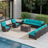 Gotland 13 Pieces Outdoor Patio Furniture Set with 2 Swivel Rocking Chairs&55,000 BTU Gas Fire Pit Table w/Glass Wind Guard Patio Conversation Sectional Sofa Sets-Blue Gotland