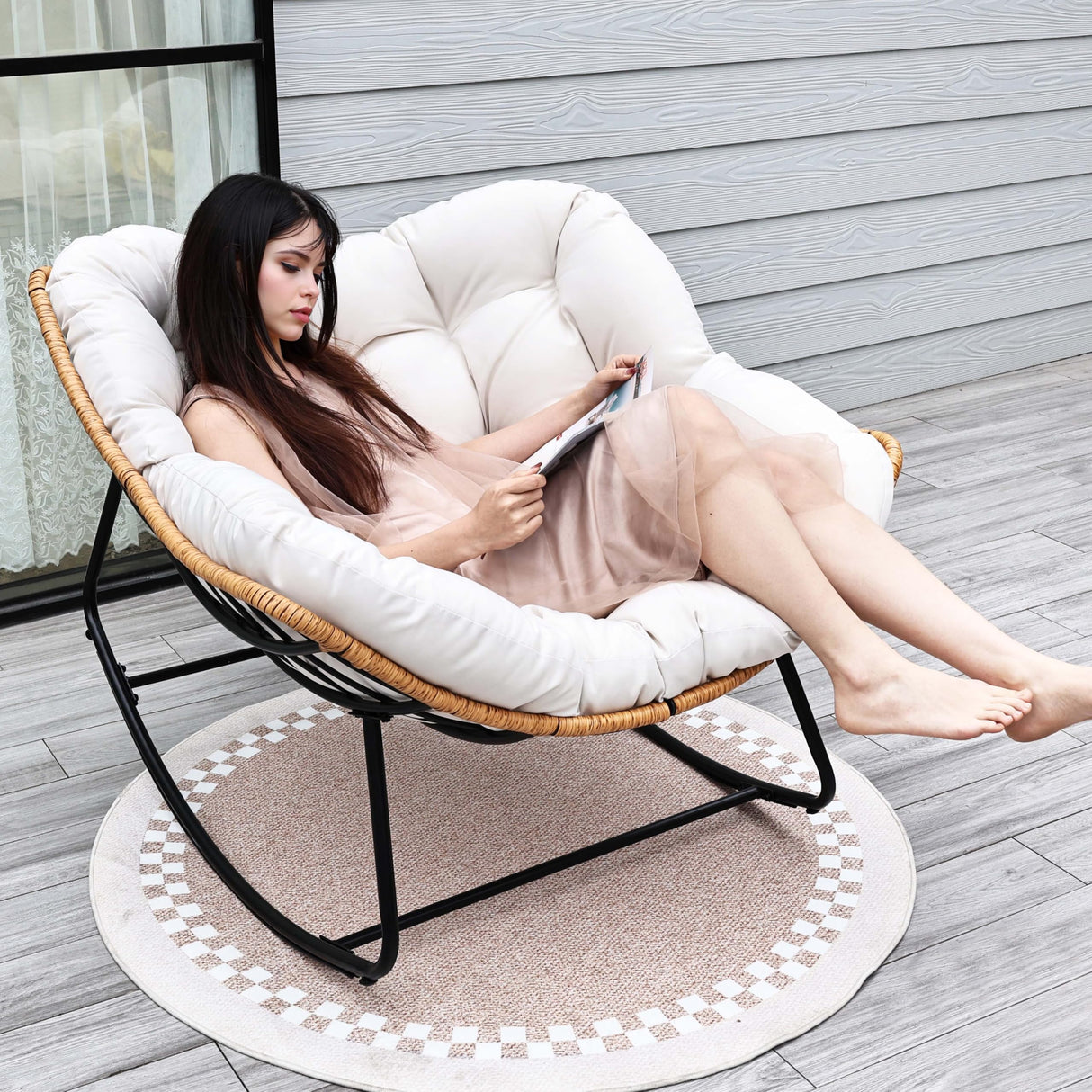 knocetx Rocking Egg Chair, Outdoor Rocking Chair with Thick Cushion, Modern Indoor Outdoor Papasan Rocking Chair, Lounge Rocker for Balcony, Living Room, Bedroom, Porch, Patio, Lawn, Garden (Ivory) knocetx