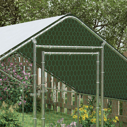 PawHut Large Chicken Coop Metal Chicken Run with Waterproof and Anti-UV Cover, Spire Shaped Walk in Fence Cage Hen House for Outdoor and Yard Farm Use, 1" Tube Diameter, 9.8' x 32.8' x 6.4'