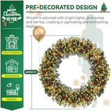 CACFTII 60in Pre-Lit Artificial Christmas Wreath, Snowflakes Christmas Wreaths with Warm White LED Lights, Pine Cones and Berries for Door, Mantel, Indoor Decorations, Xmas Holiday Decor, Green/White CACFTII